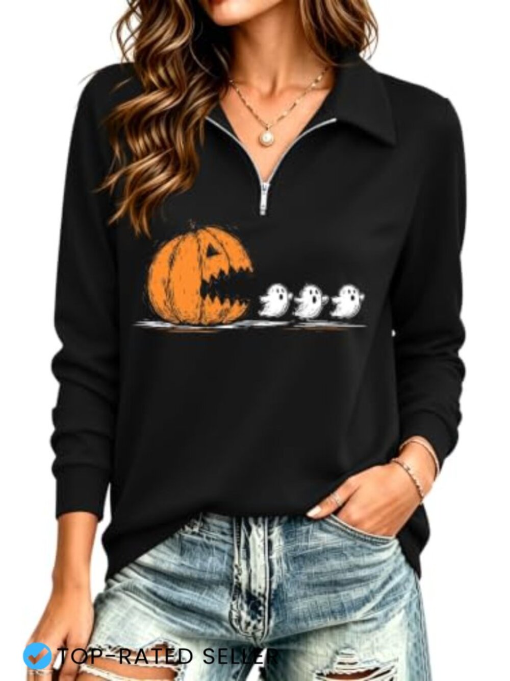 Women's Fall Quarter Zip Long Sleeve Halloween Pumpkin Graphic Polo Shirt